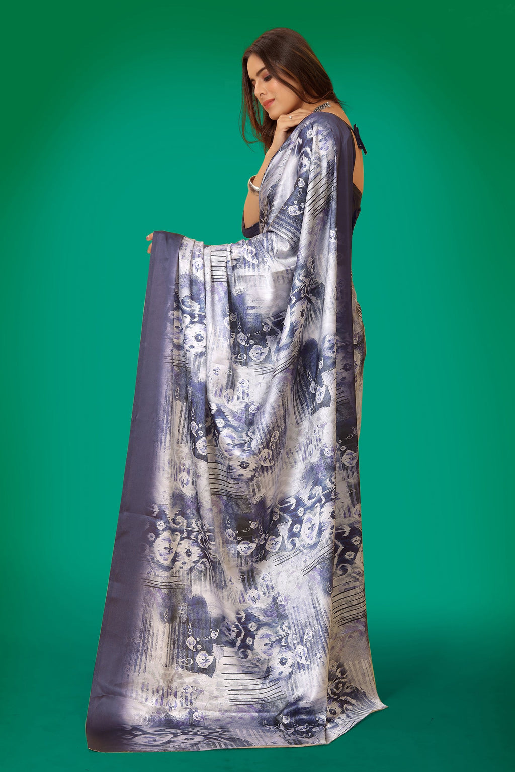 Women's Abstract Print Japan Satin Saree in Navy Blue White Grey