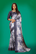 Modern abstract digital print Japan satin saree in navy blue, white, and grey with matching blouse piece