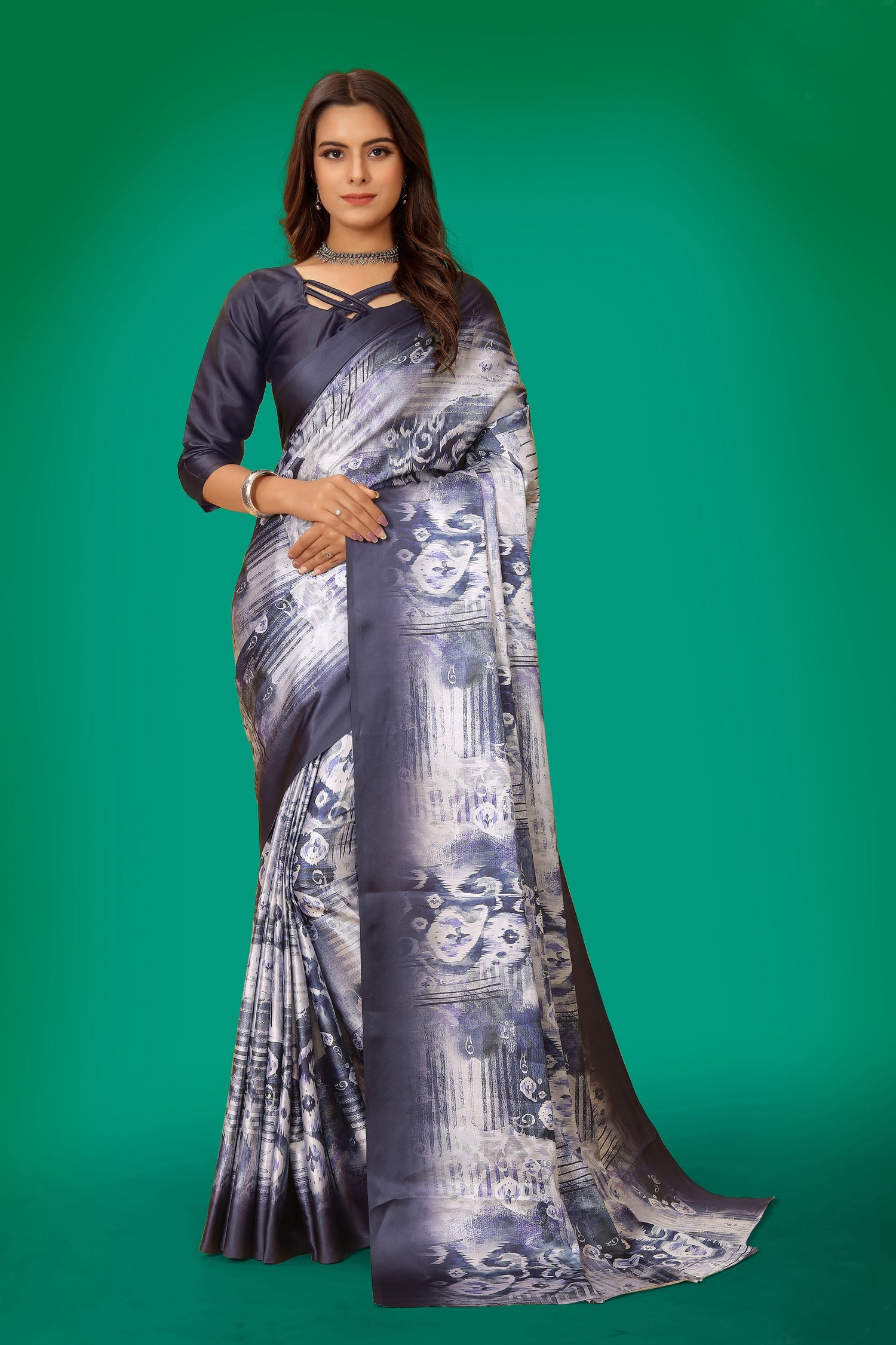 Modern abstract digital print Japan satin saree in navy blue, white, and grey with matching blouse piece