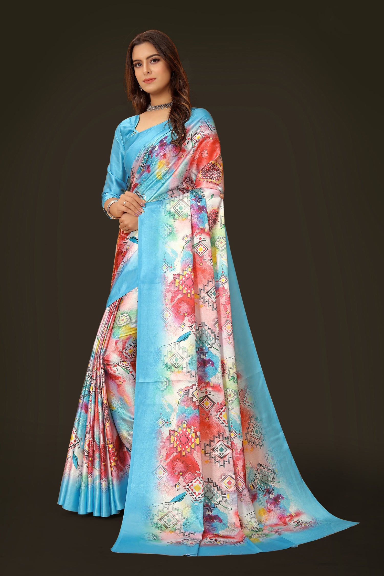 Multicolor Digital Printed Japan Satin Saree with Blouse Piece