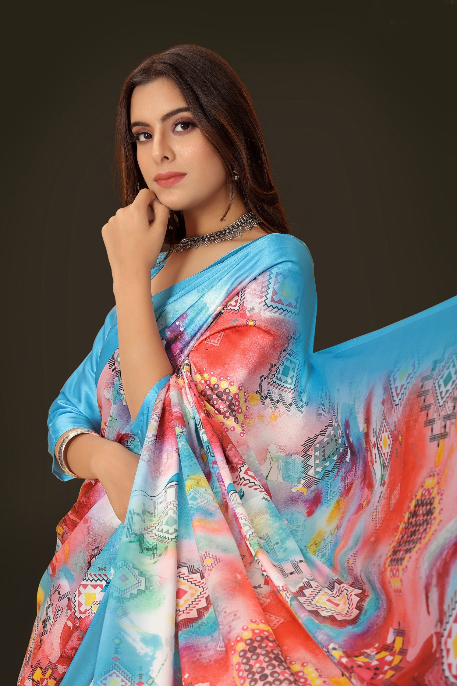 Multicolor Digital Printed Japan Satin Saree with Blouse Piece