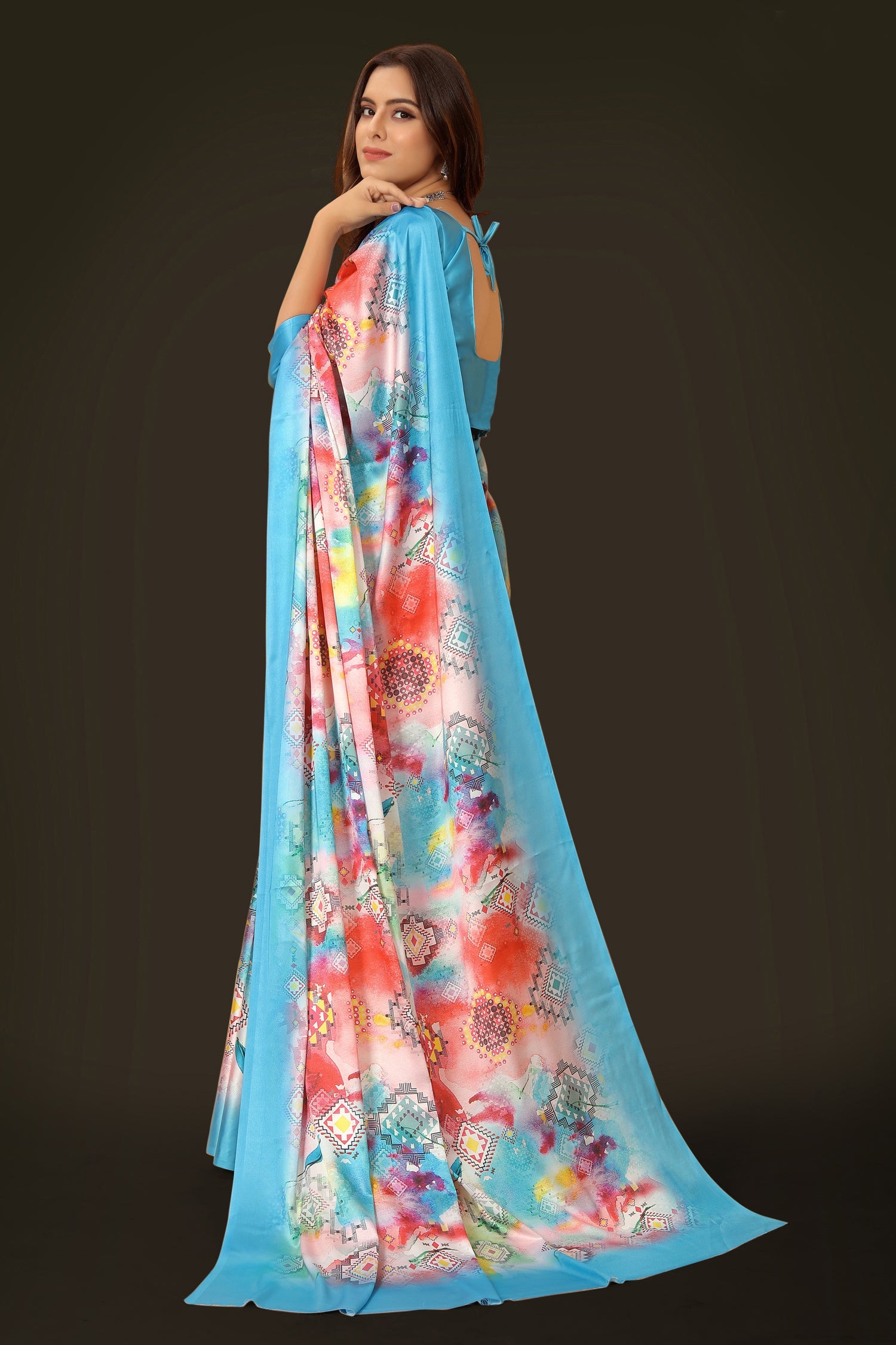 Multicolor Digital Printed Japan Satin Saree with Blouse Piece