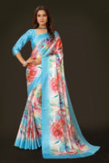 Multicolor digital printed Japan Satin saree with matching blouse piece draped elegantly