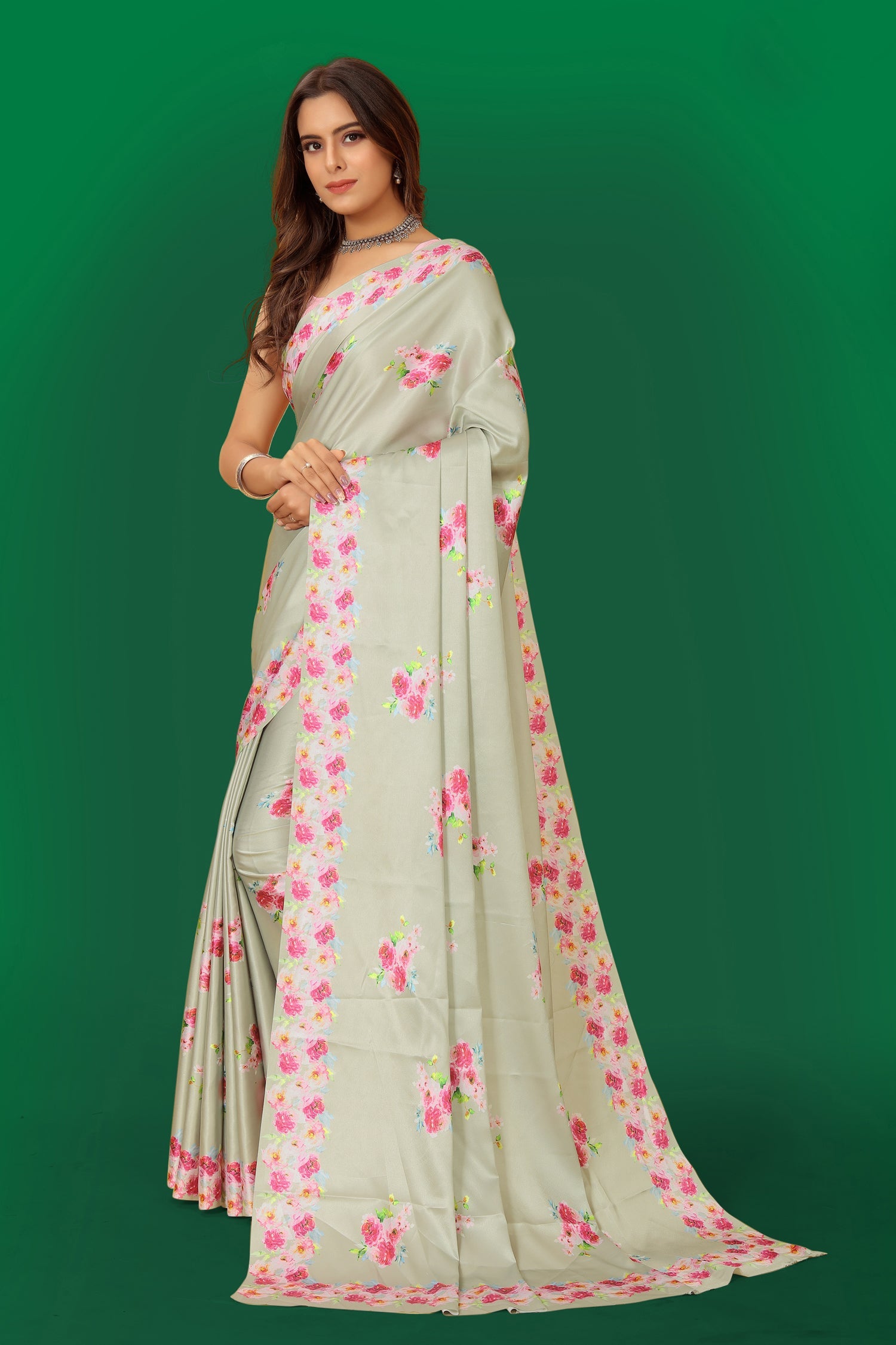 Multicolor Pure Japan Satin Digital Printed Saree with Blouse