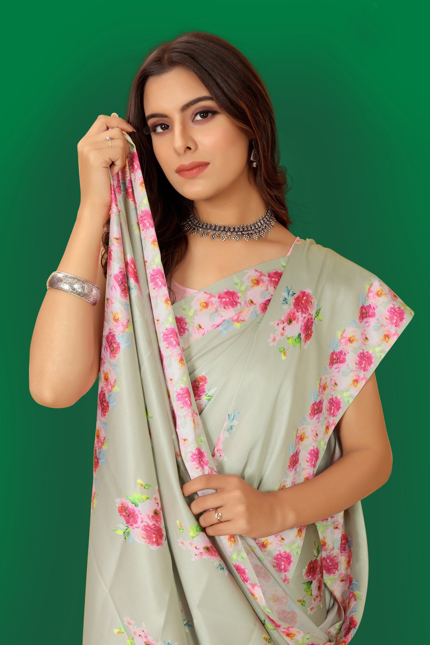 Multicolor Pure Japan Satin Digital Printed Saree with Blouse