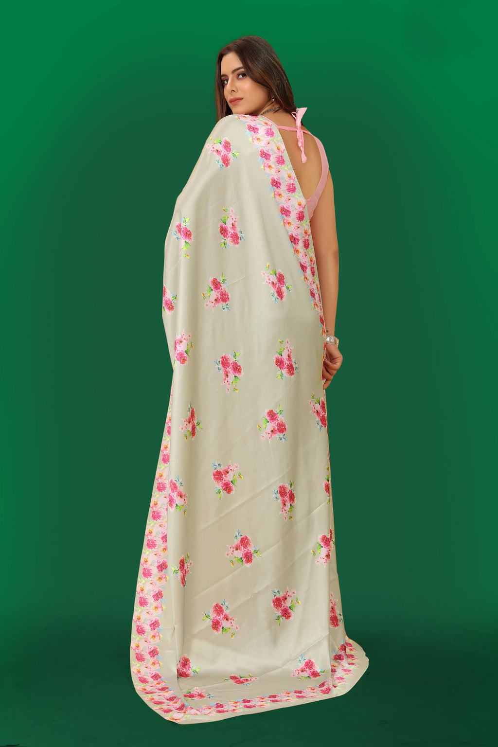 Multicolor Pure Japan Satin Digital Printed Saree with Blouse