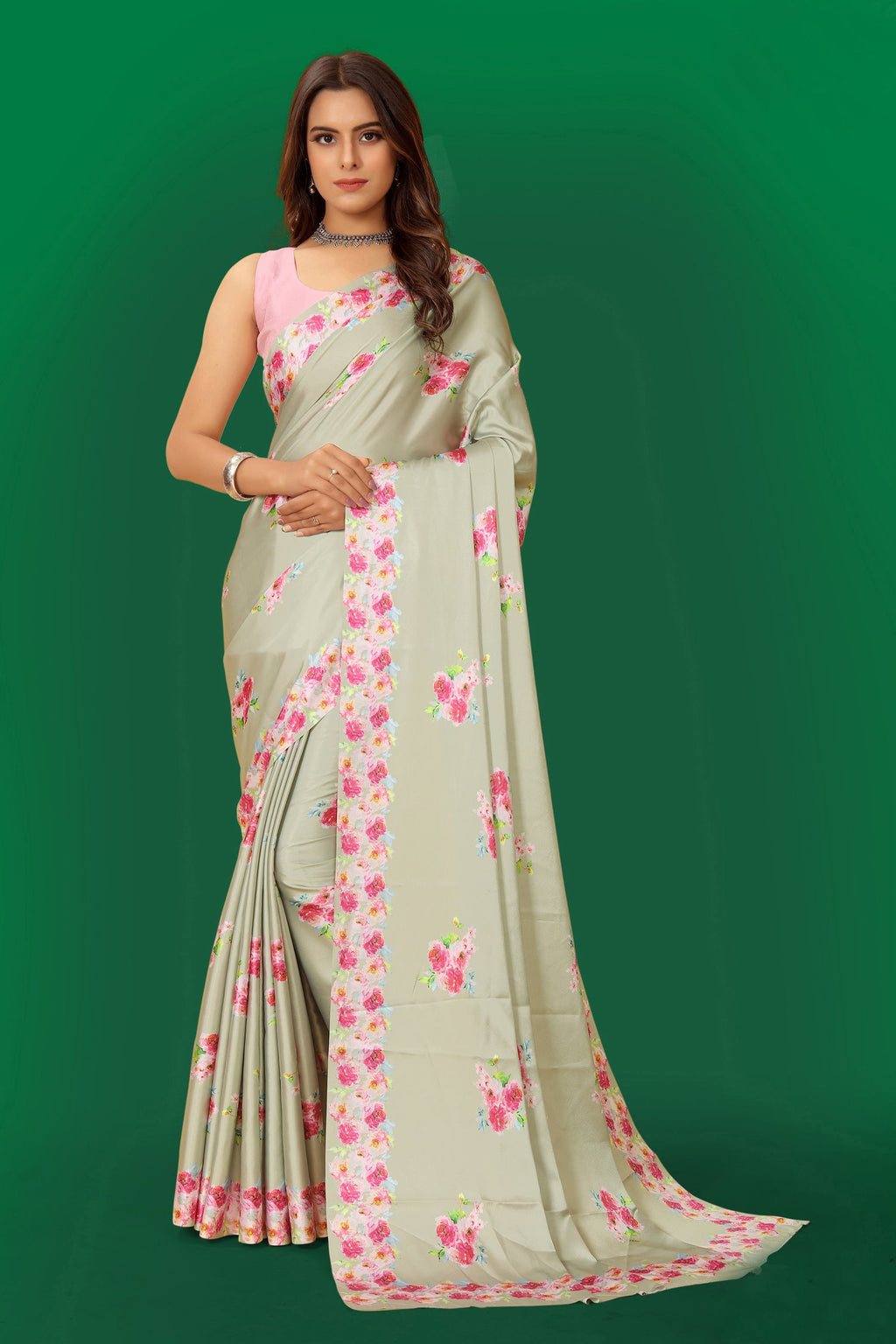 A close-up view of the digital printed pattern on a multicolor Pure Japan Satin designer saree