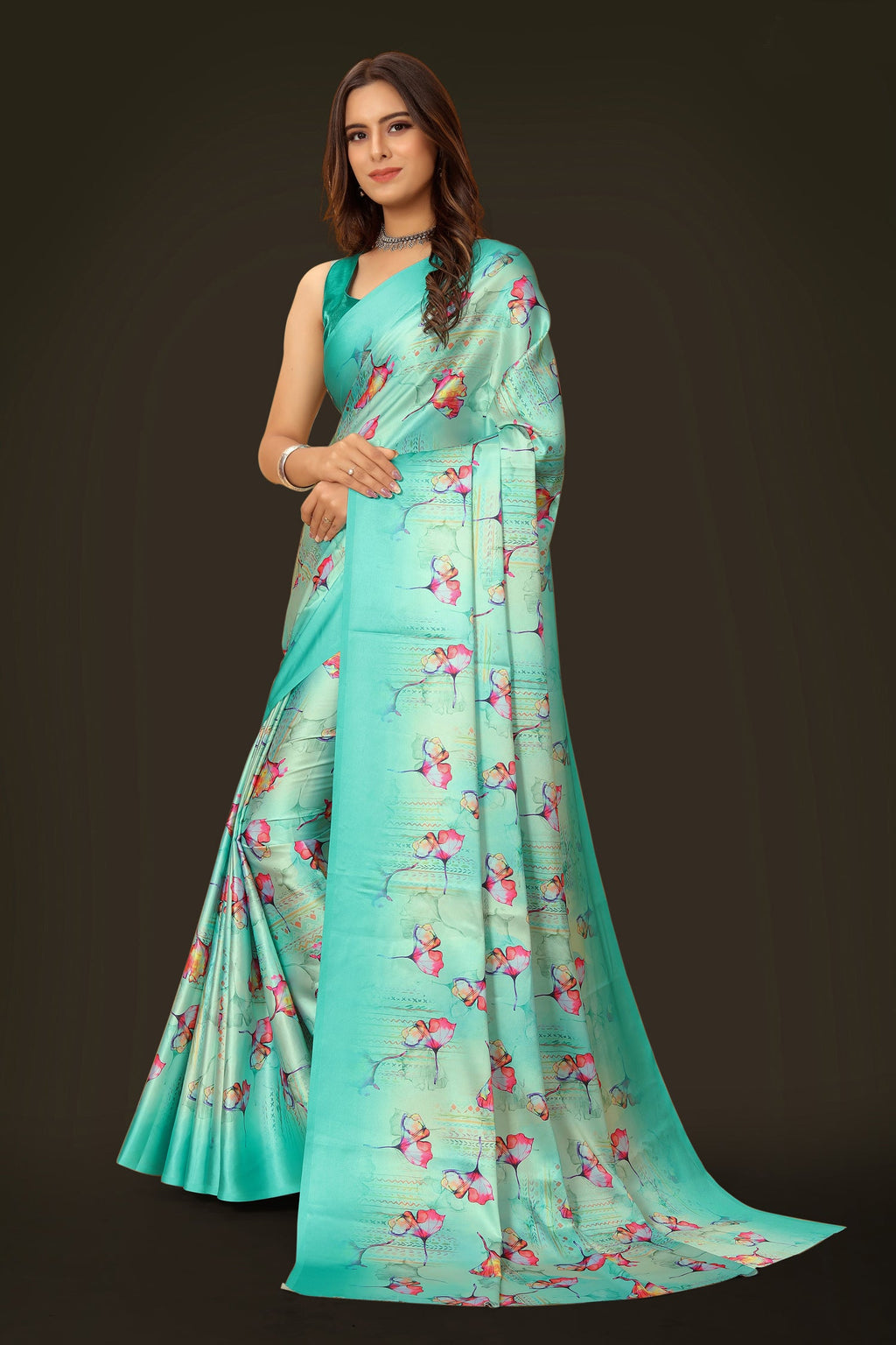 Multicolor Teal Digital Printed Japan Satin Floral Designer Saree