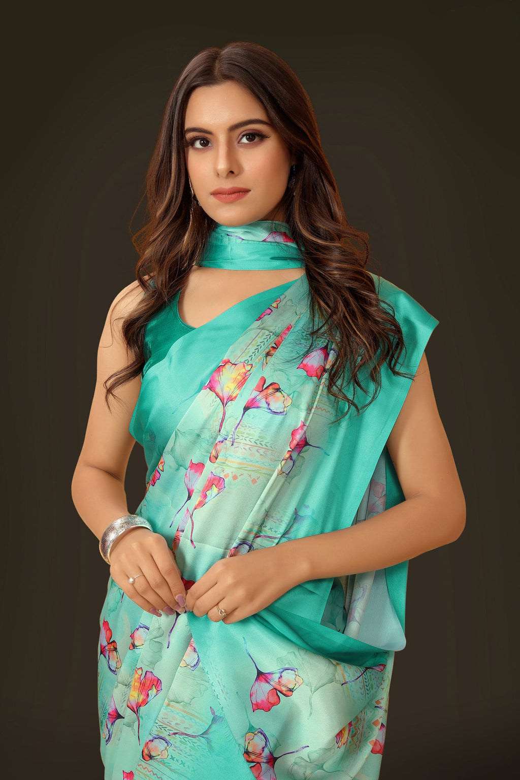 Multicolor Teal Digital Printed Japan Satin Floral Designer Saree