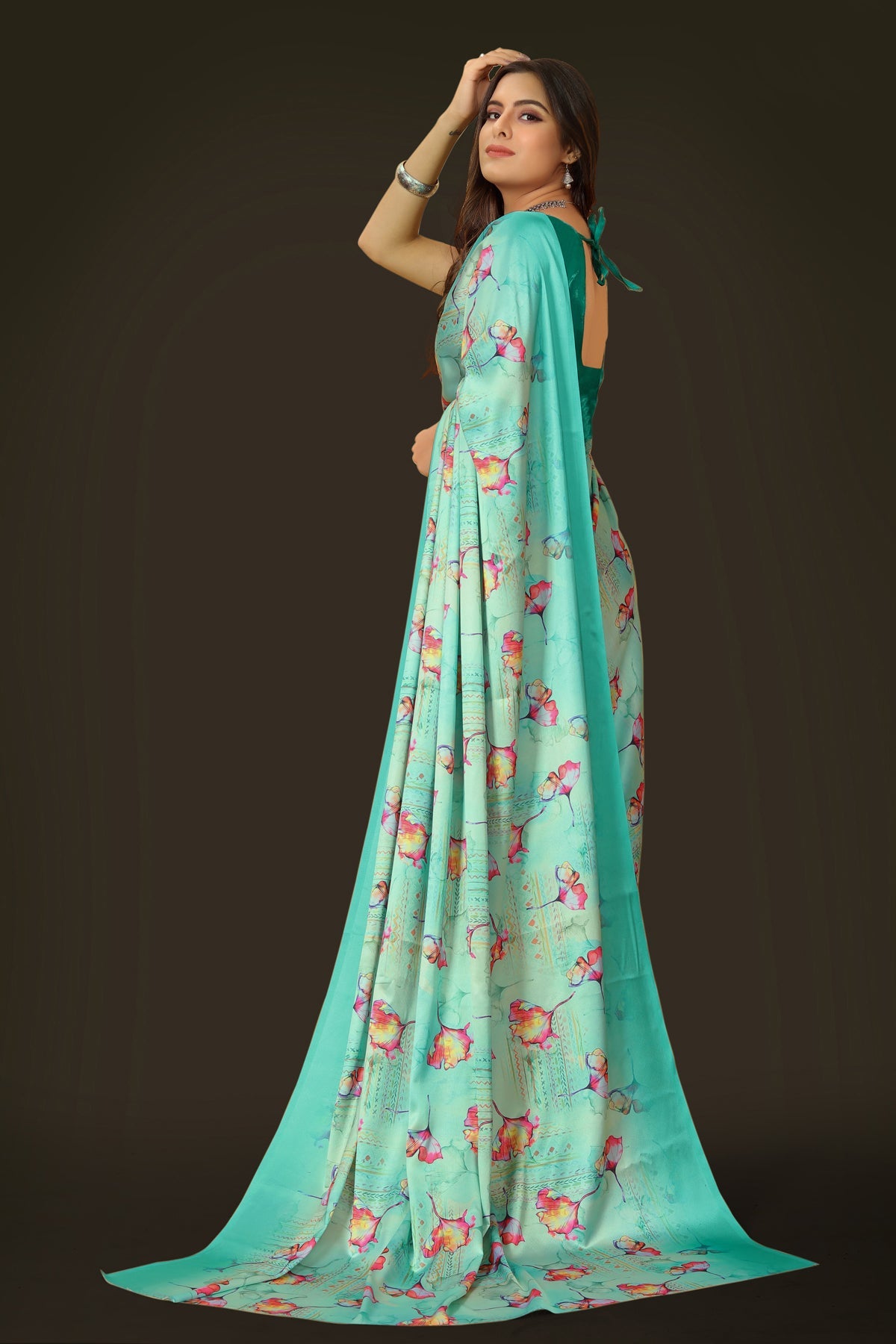 Multicolor Teal Digital Printed Japan Satin Floral Designer Saree