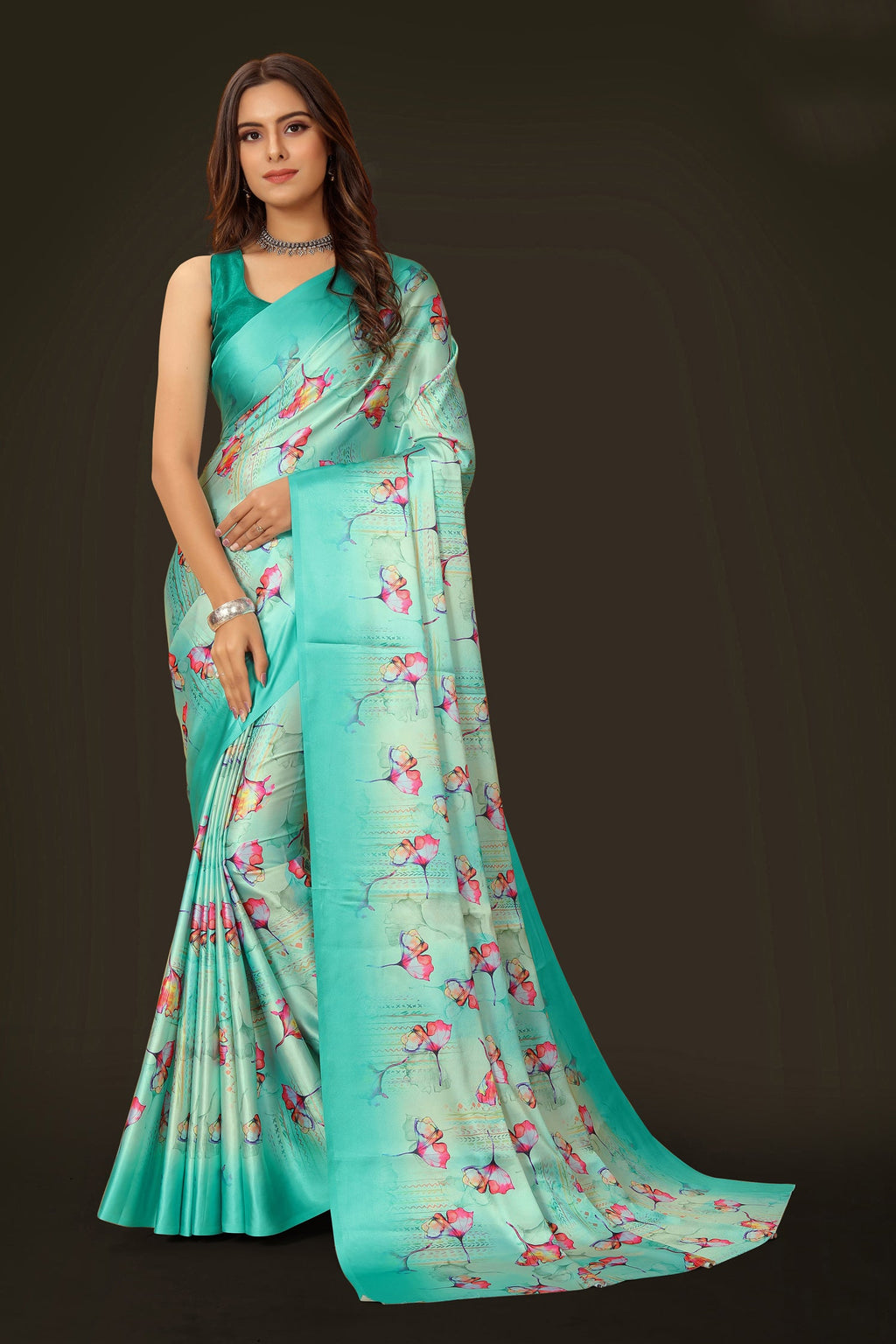 Teal and multicolor floral digital printed Japan satin designer saree
