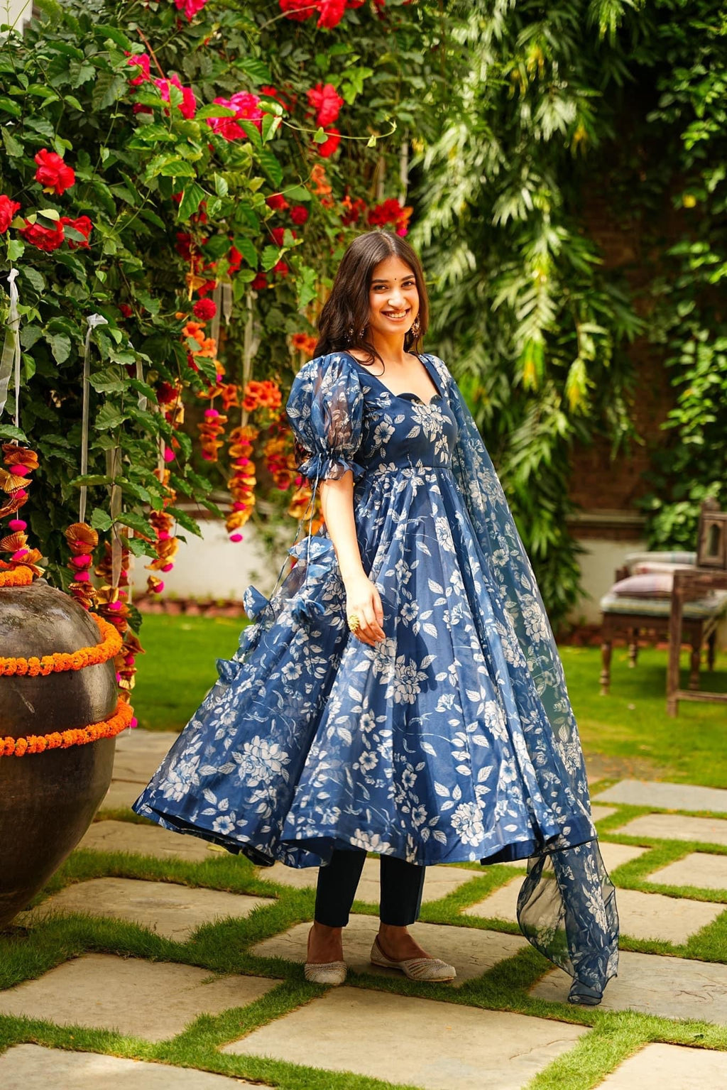 Women's Navy Blue Tabby Silk Digital Printed Kurta Set