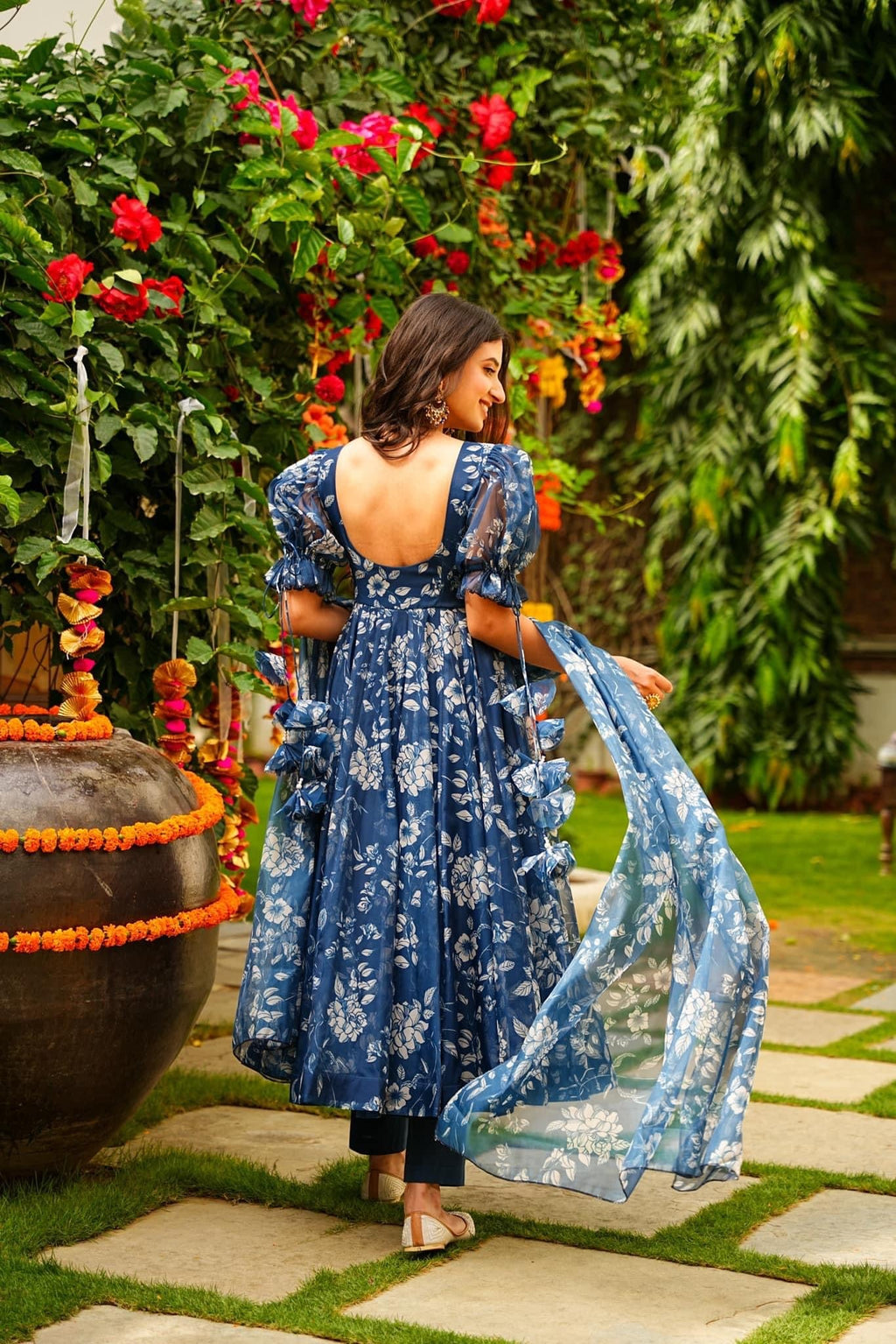 Women's Navy Blue Tabby Silk Digital Printed Kurta Set