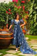 Navy blue tabby silk kurta with ornate digital print and full flare.