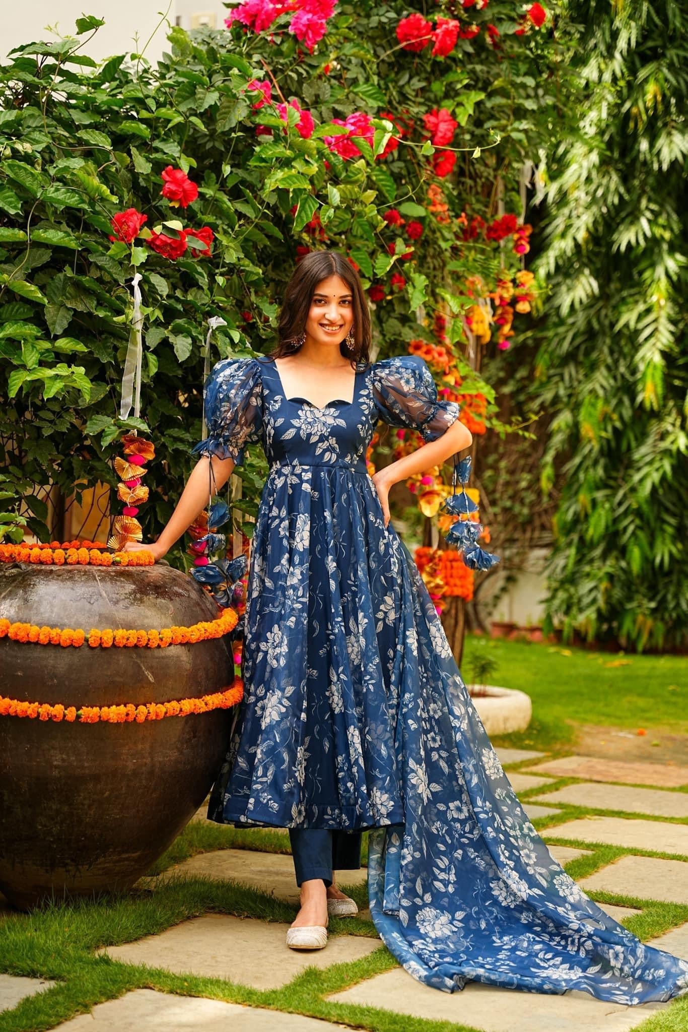 Navy blue tabby silk kurta with ornate digital print and full flare.