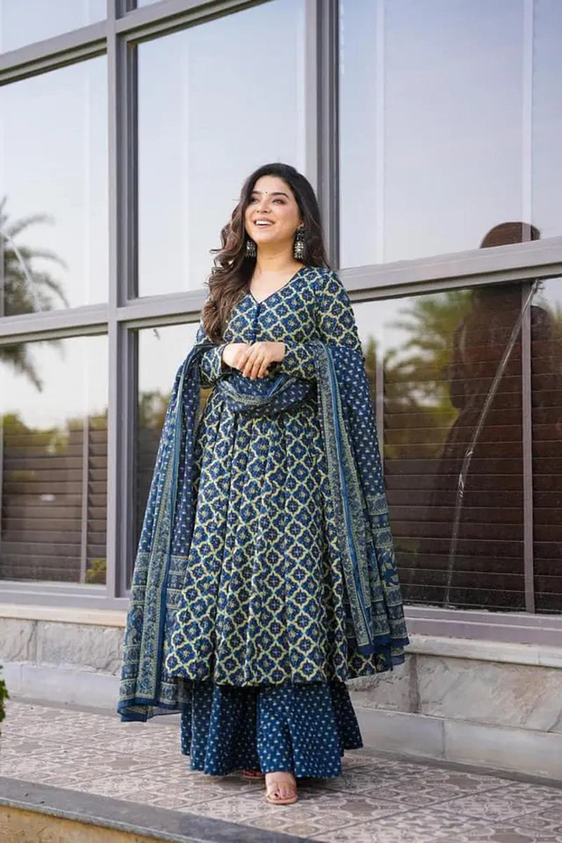 Jyoti Fashion Women's Blue Cotton Silk Heavy Digital Printed Kurta Set