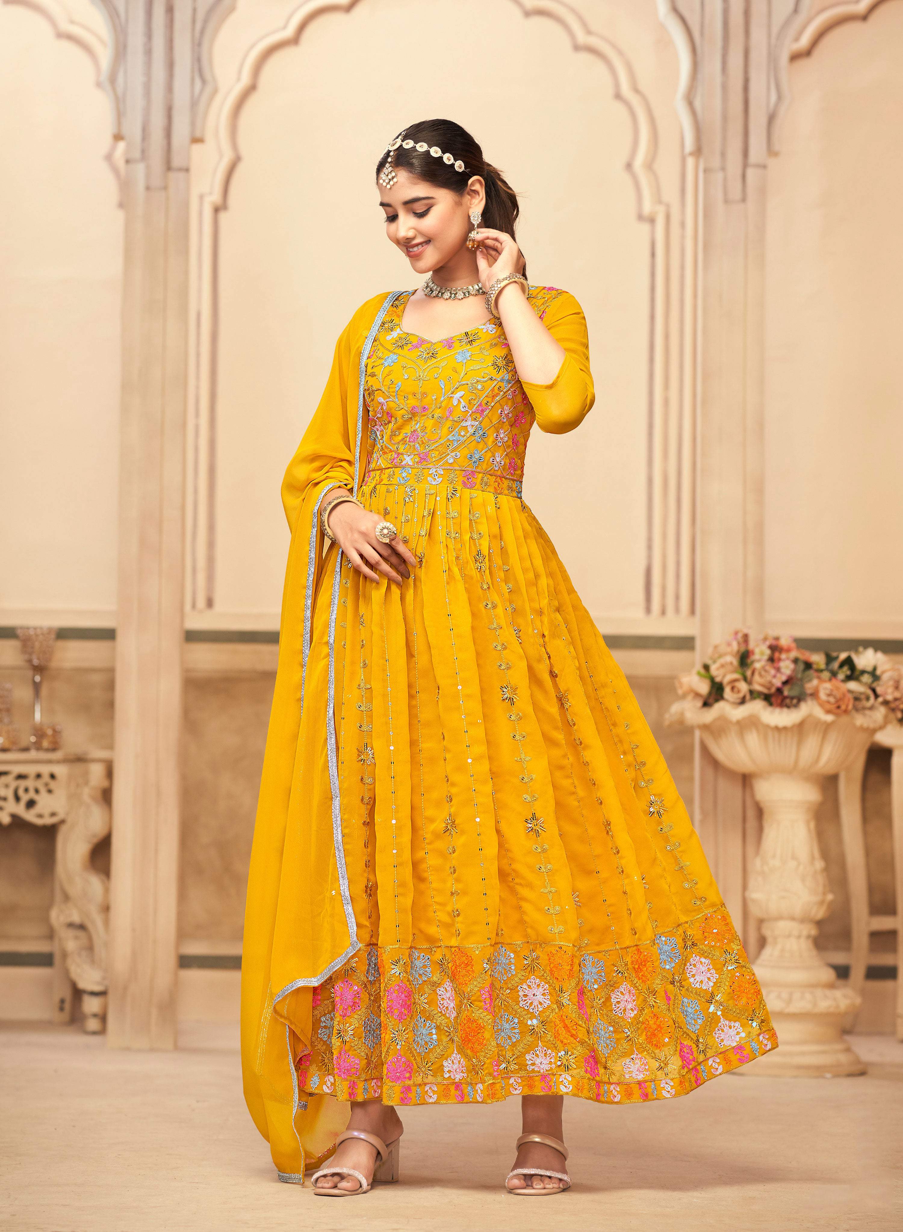 Women's Mustard Faux Georgette Heavy Embroidered Floor Length Kurta