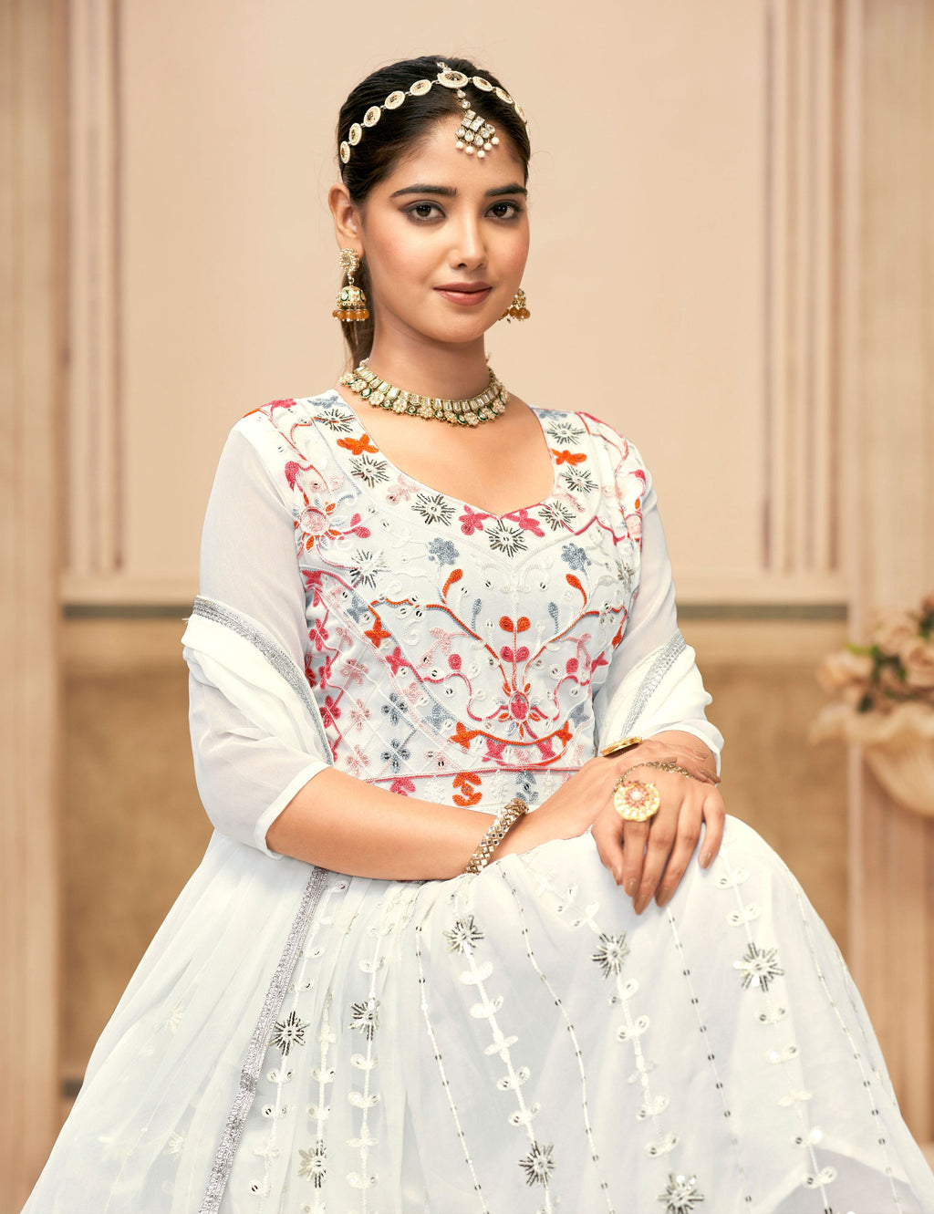 White Faux Georgette Heavy Embroidered Floor Length Kurta