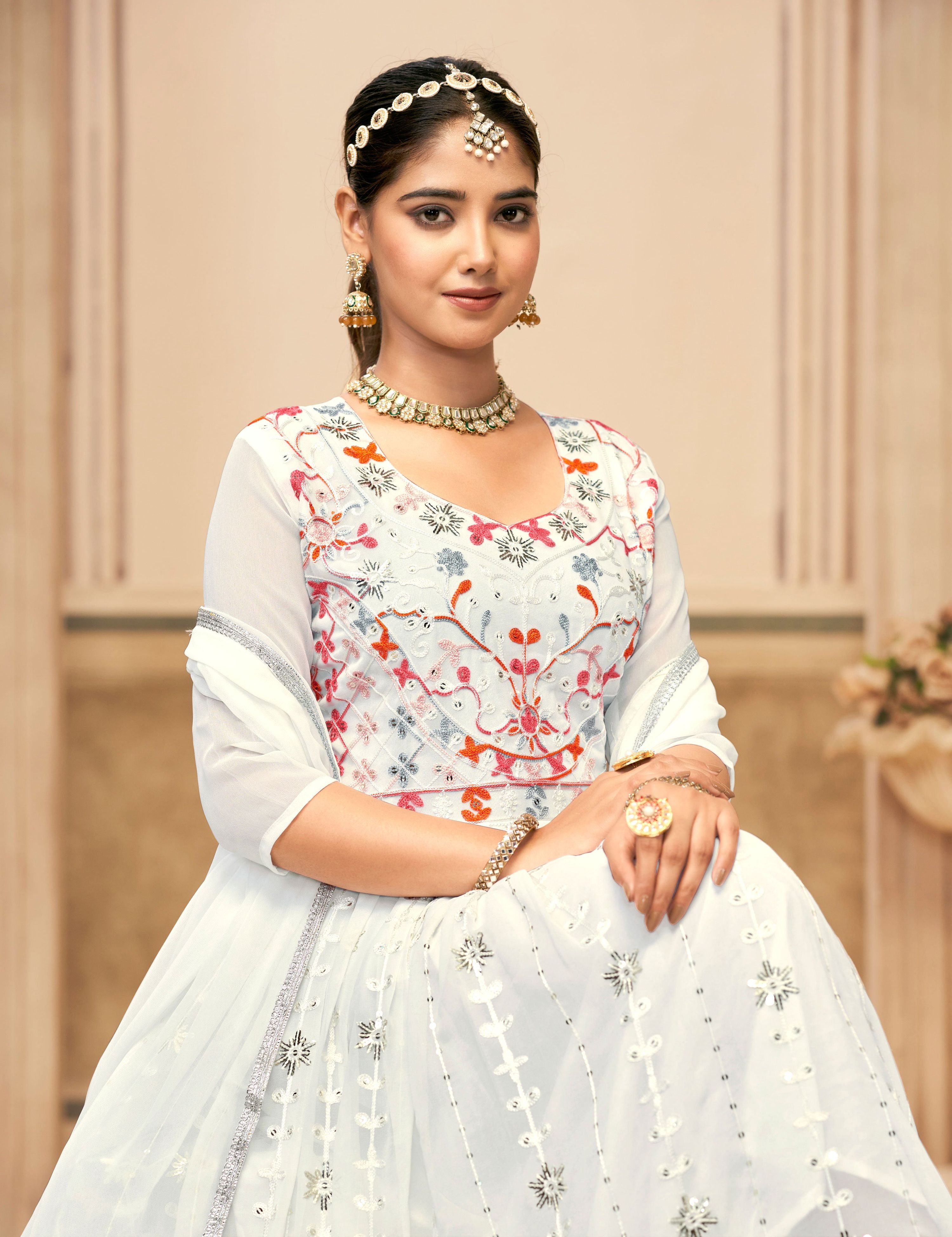 White Faux Georgette Heavy Embroidered Floor Length Kurta