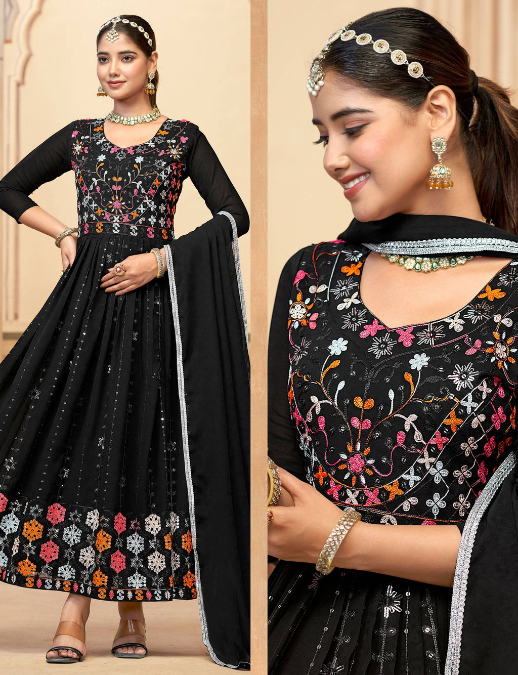 Women's Black Faux Georgette floor-length A-line kurta set with heavy embroidery