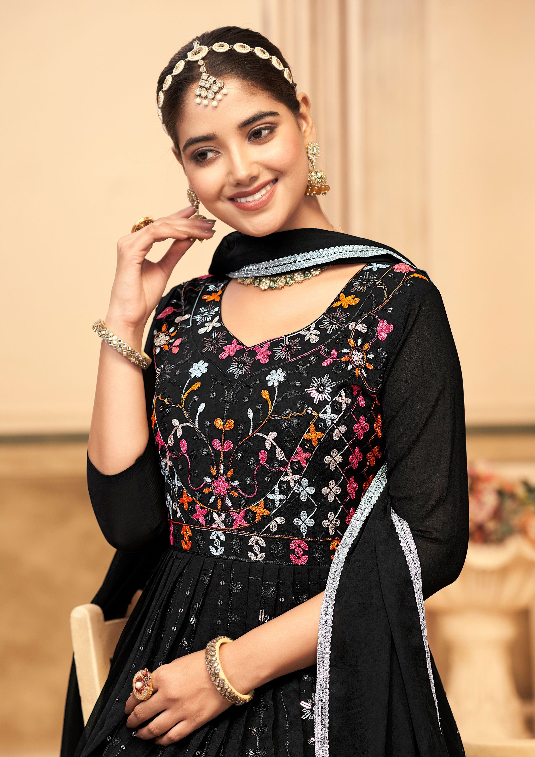 Women's Black Faux Georgette Floor Length Embroidered A-Line Kurta Set