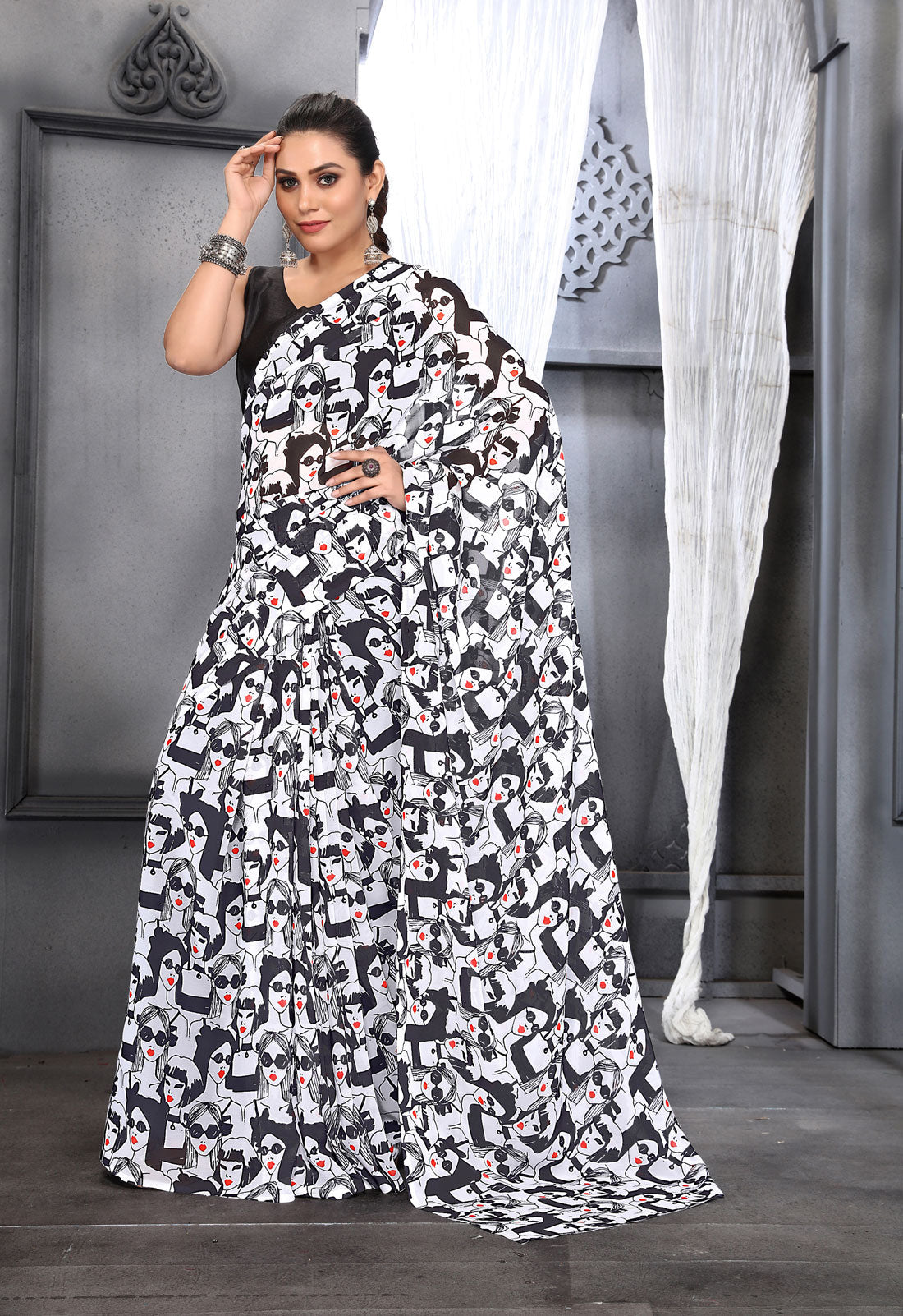 Black Faux Georgette Digital Printed Saree with Blouse