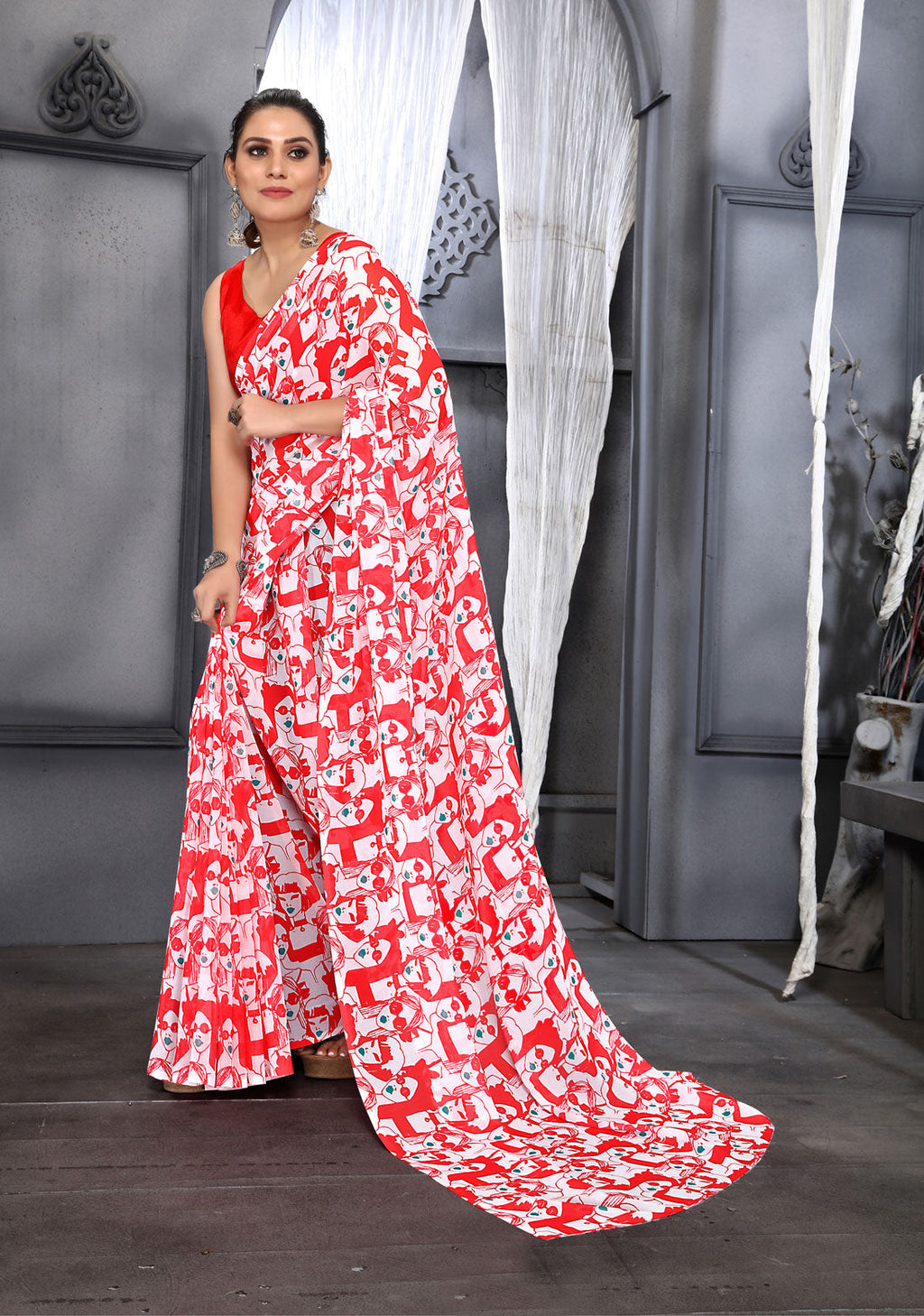 Red Faux Georgette Digital Printed Saree with Blouse