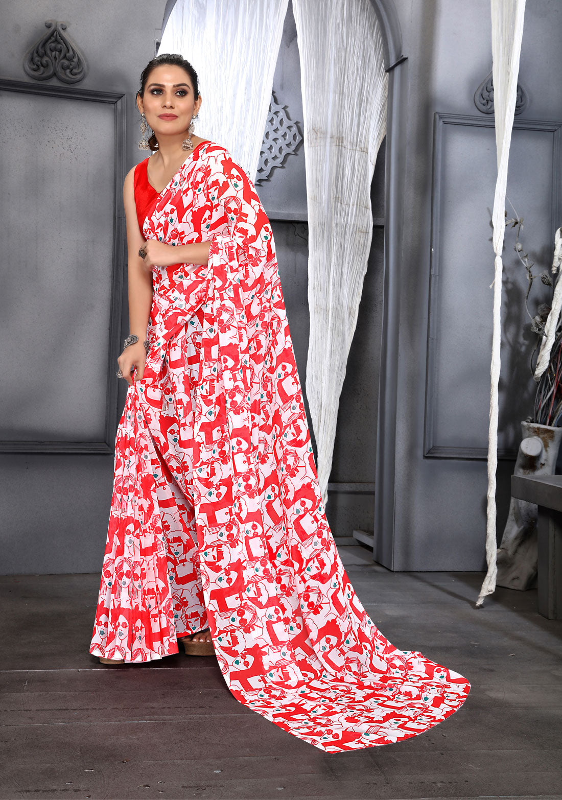 Red Faux Georgette Digital Printed Saree with Blouse