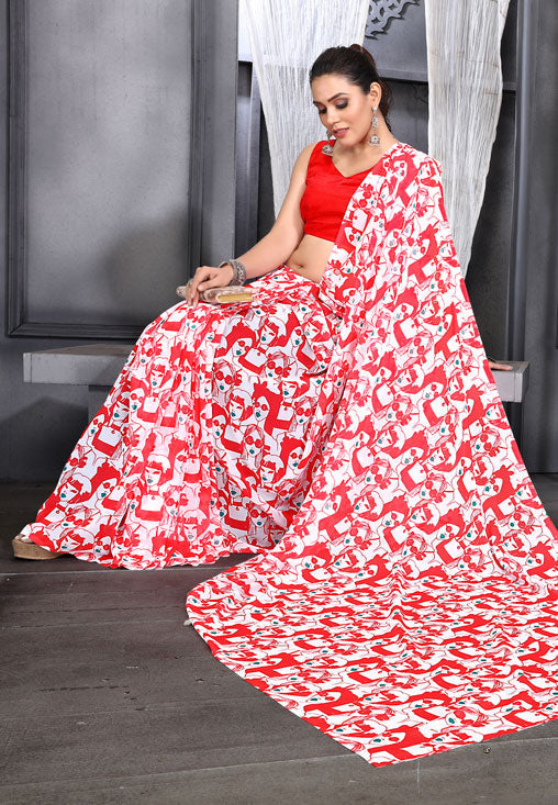 Red Faux Georgette Digital Printed Saree with Blouse