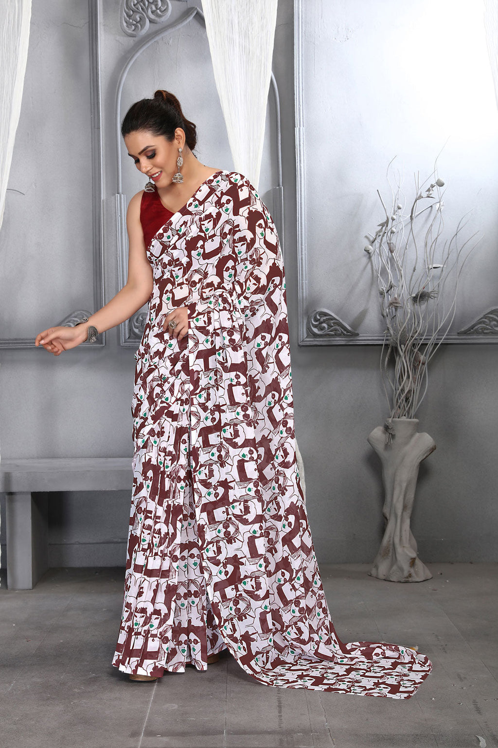 Maroon Faux Georgette Digital Printed Designer Saree with Blouse
