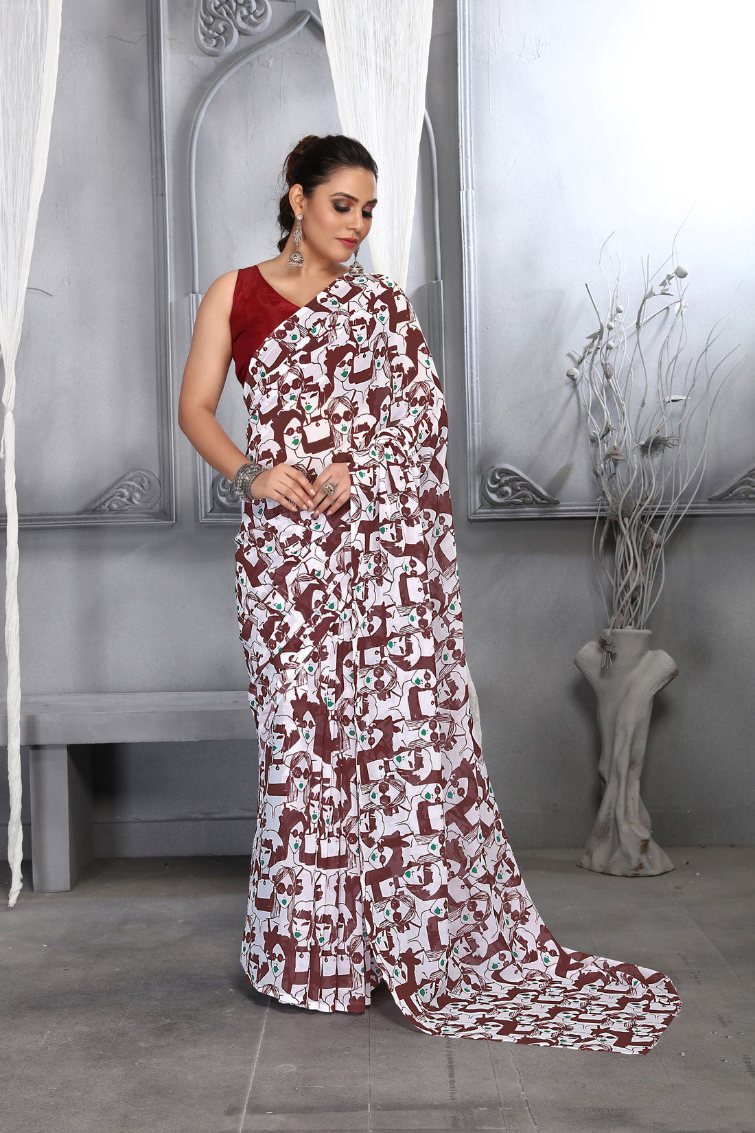 Maroon Faux Georgette Saree with digital print pattern and matching blouse.