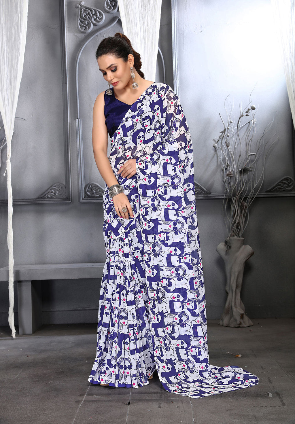 Navy Blue Faux Georgette Digital Printed Saree with Blouse