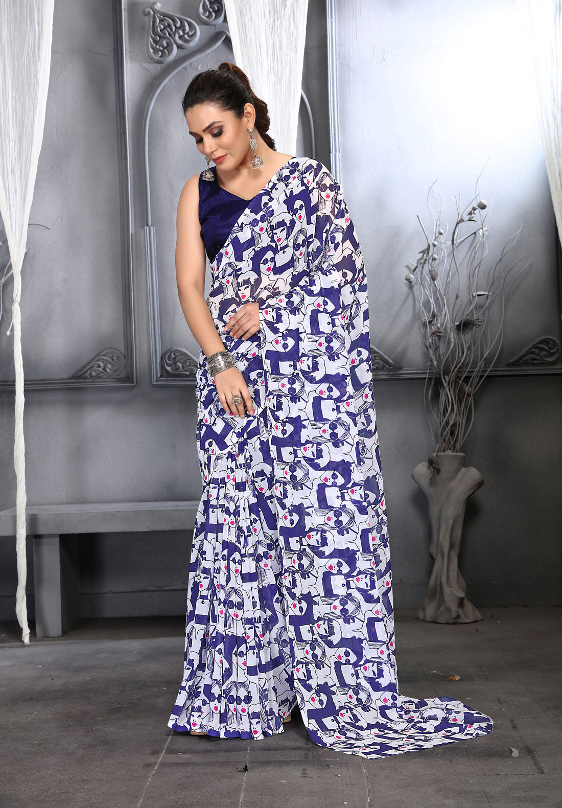 Navy Blue Faux Georgette Digital Printed Saree with Blouse