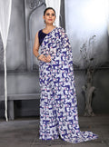 Navy blue faux georgette saree with artistic digital prints and matching blouse