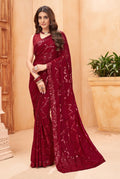Maroon faux blooming georgette designer saree with sequins work