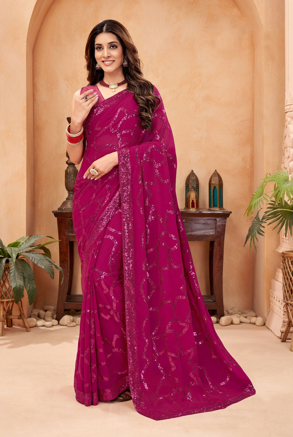 Jyoti Fashion Women's Pink Faux Blooming Sequins Work Designer Saree with Blouse