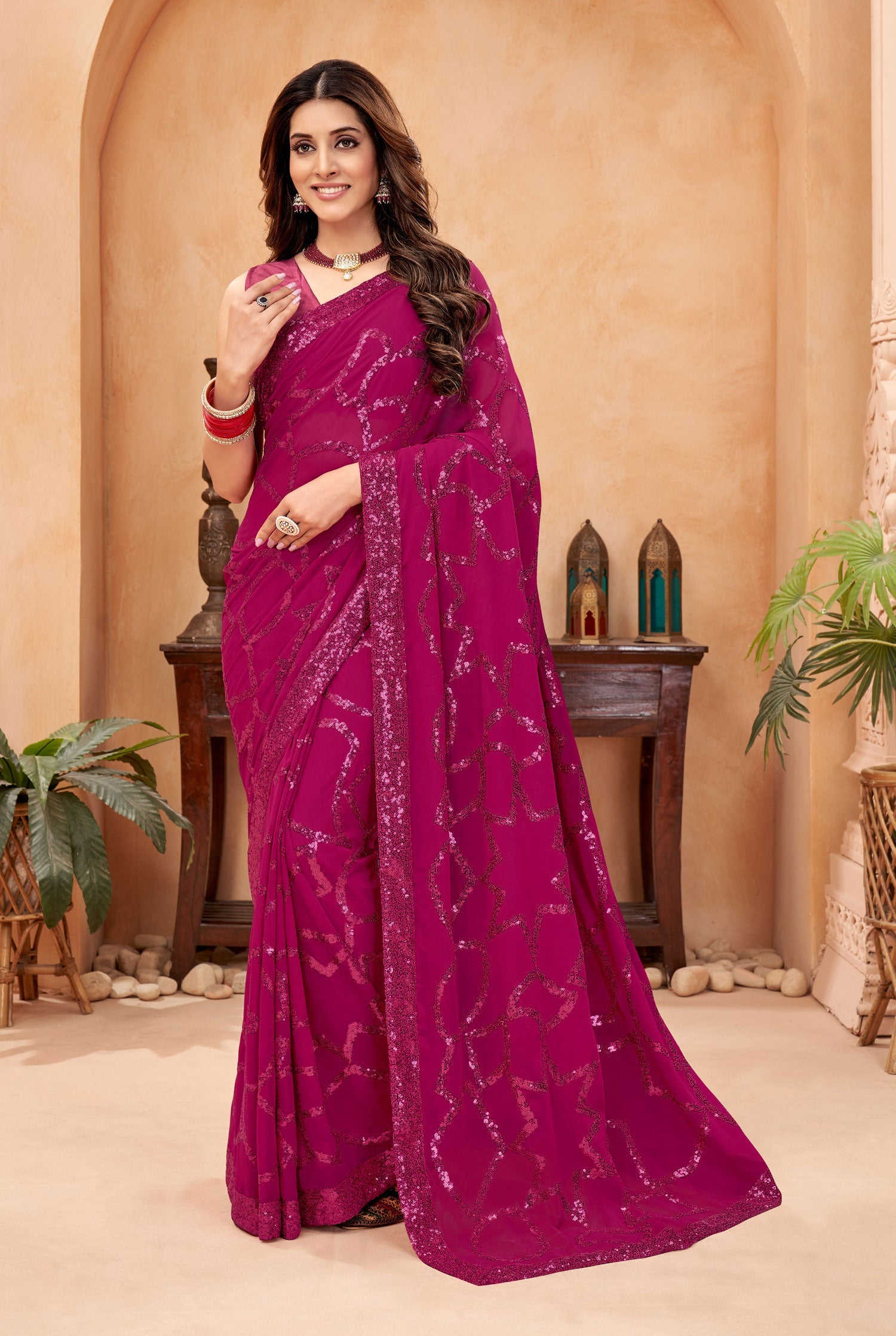 Jyoti Fashion Women's Pink Faux Blooming Sequins Work Designer Saree with Blouse