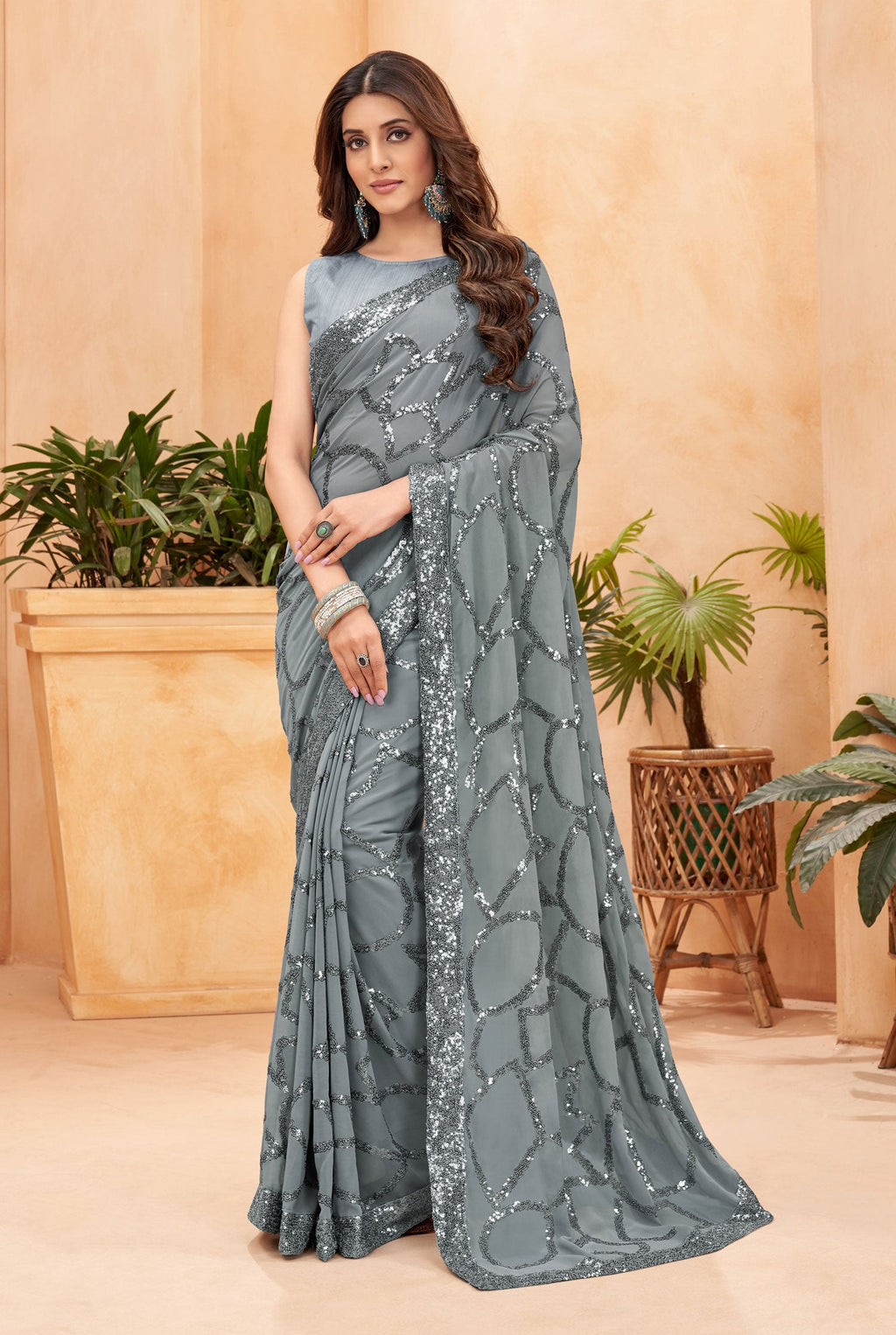 Jyoti Fashion Women's Grey Faux Blooming Sequins Work Designer Saree with Blouse