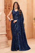 Navy Blue Faux Blooming Georgette Saree with sequins embroidery and matching designer blouse.