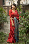 Jyoti Fashion Women's Red Imported Silk Satin Digital Printed Designer Saree with Blouse