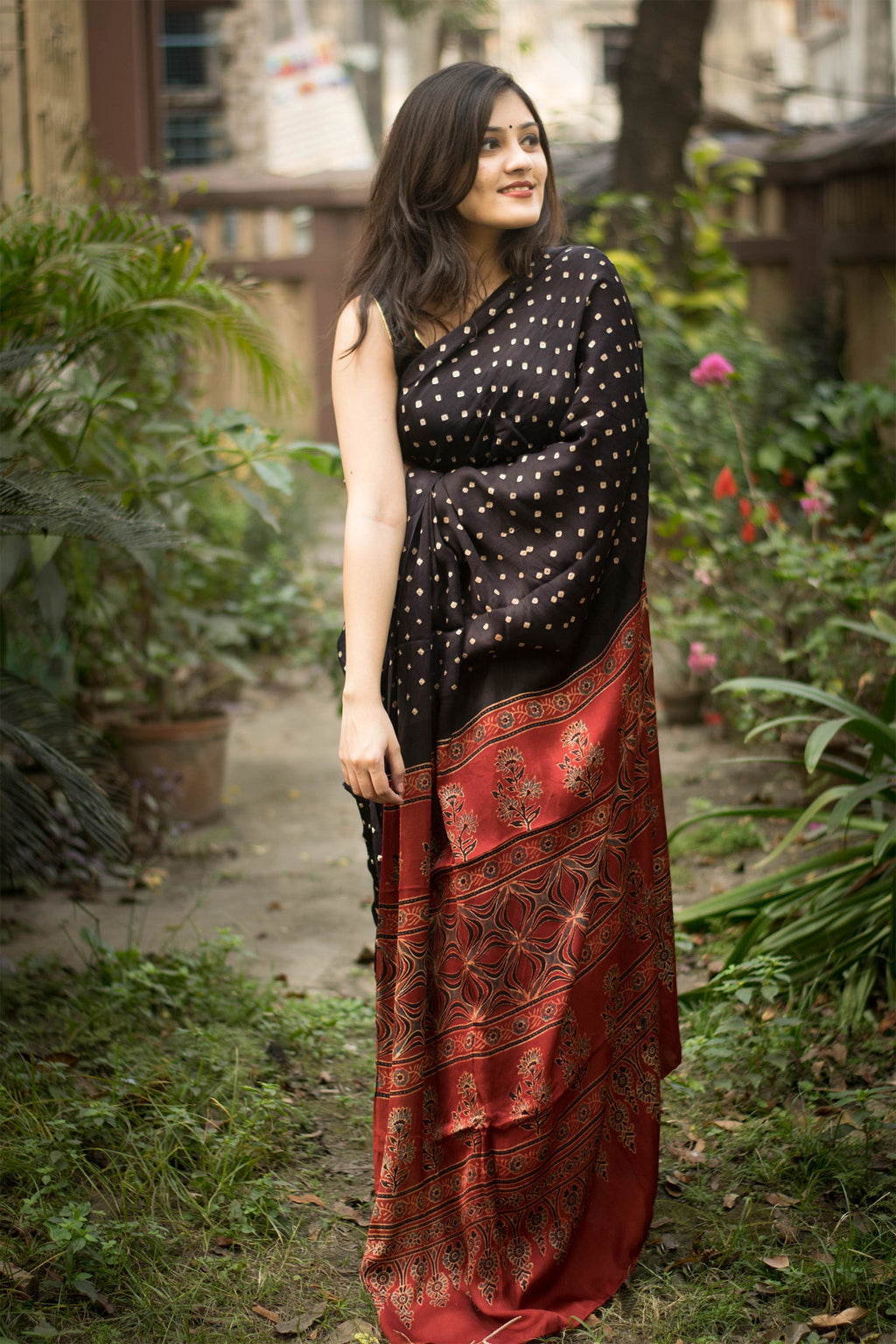 Black Imported Silk Satin Digital Printed Saree with Blouse