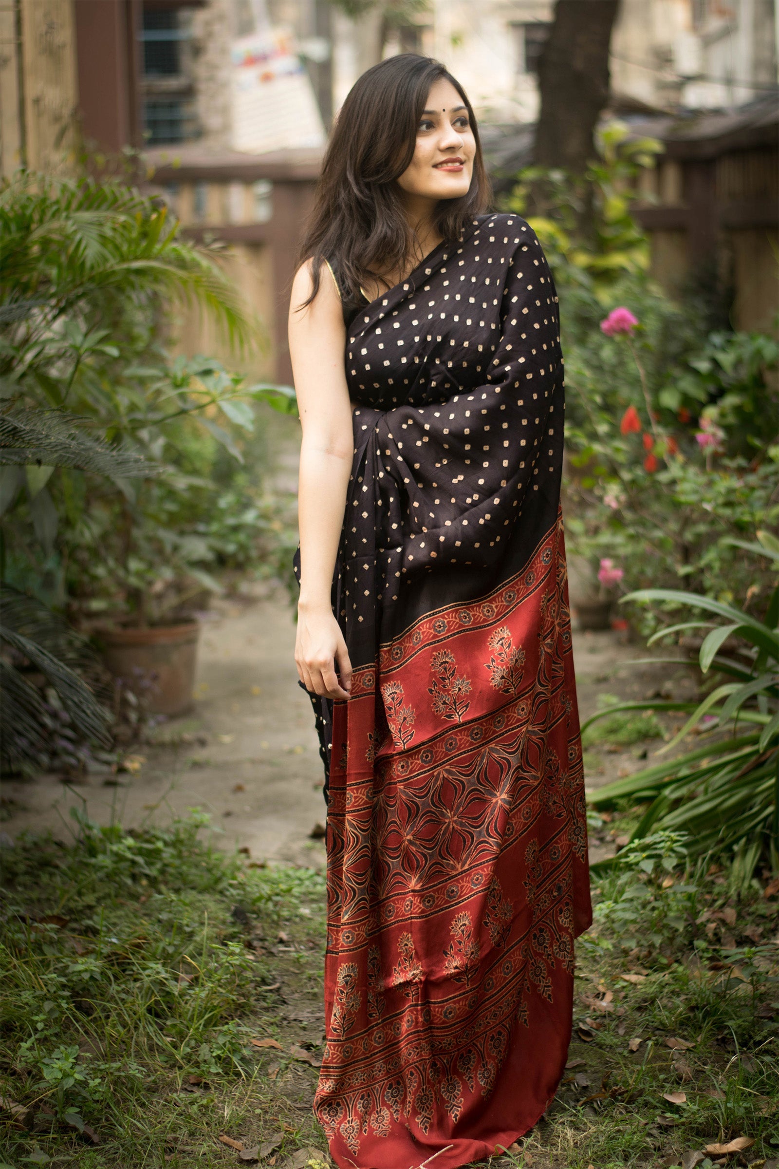 Black Imported Silk Satin Digital Printed Saree with Blouse