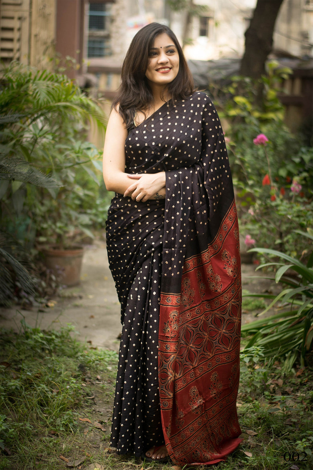 Black Imported Silk Satin Saree with digital print and matching blouse