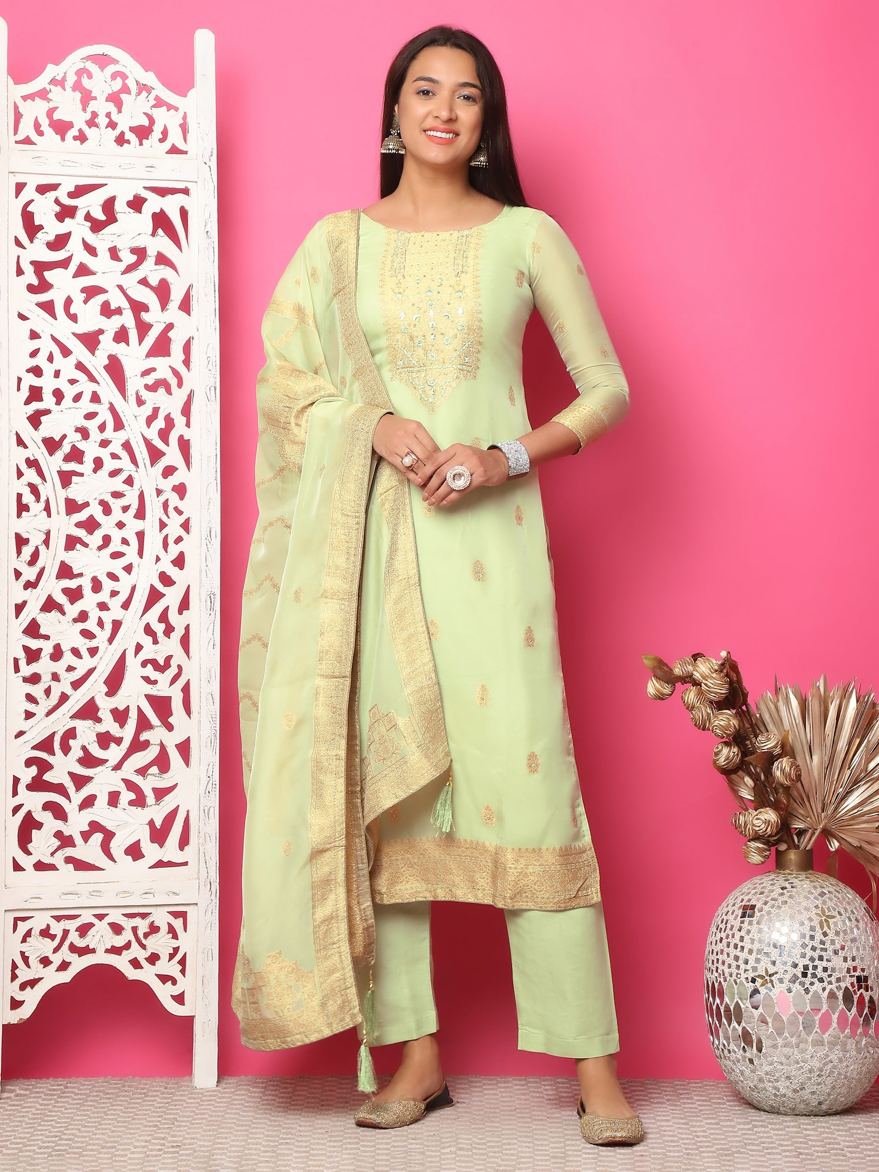 Pista green silk jacquard suit with mirror work and crystal embellishments