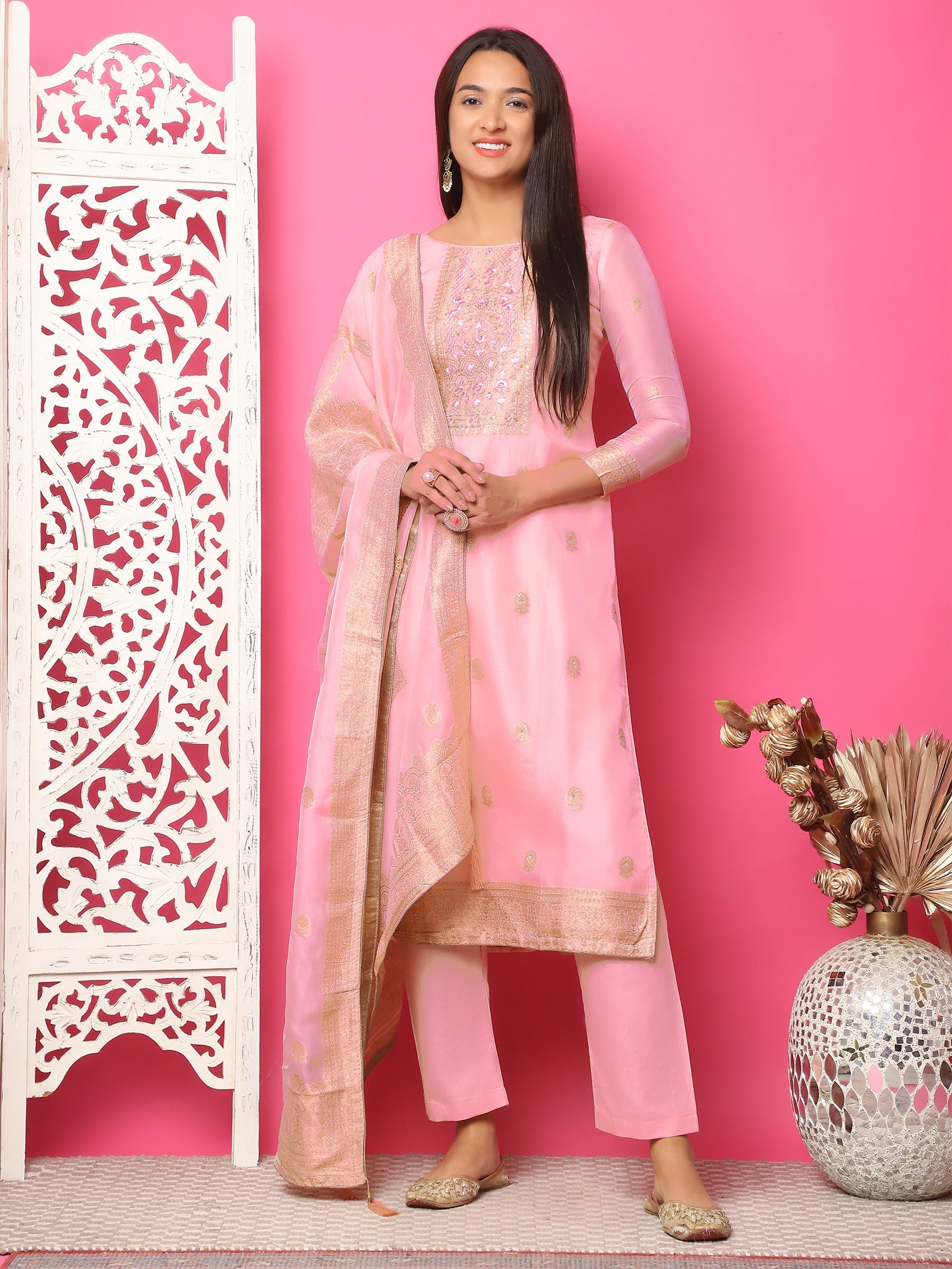 Pink Silk Jacquard straight salwar suit with mirror work and crystals