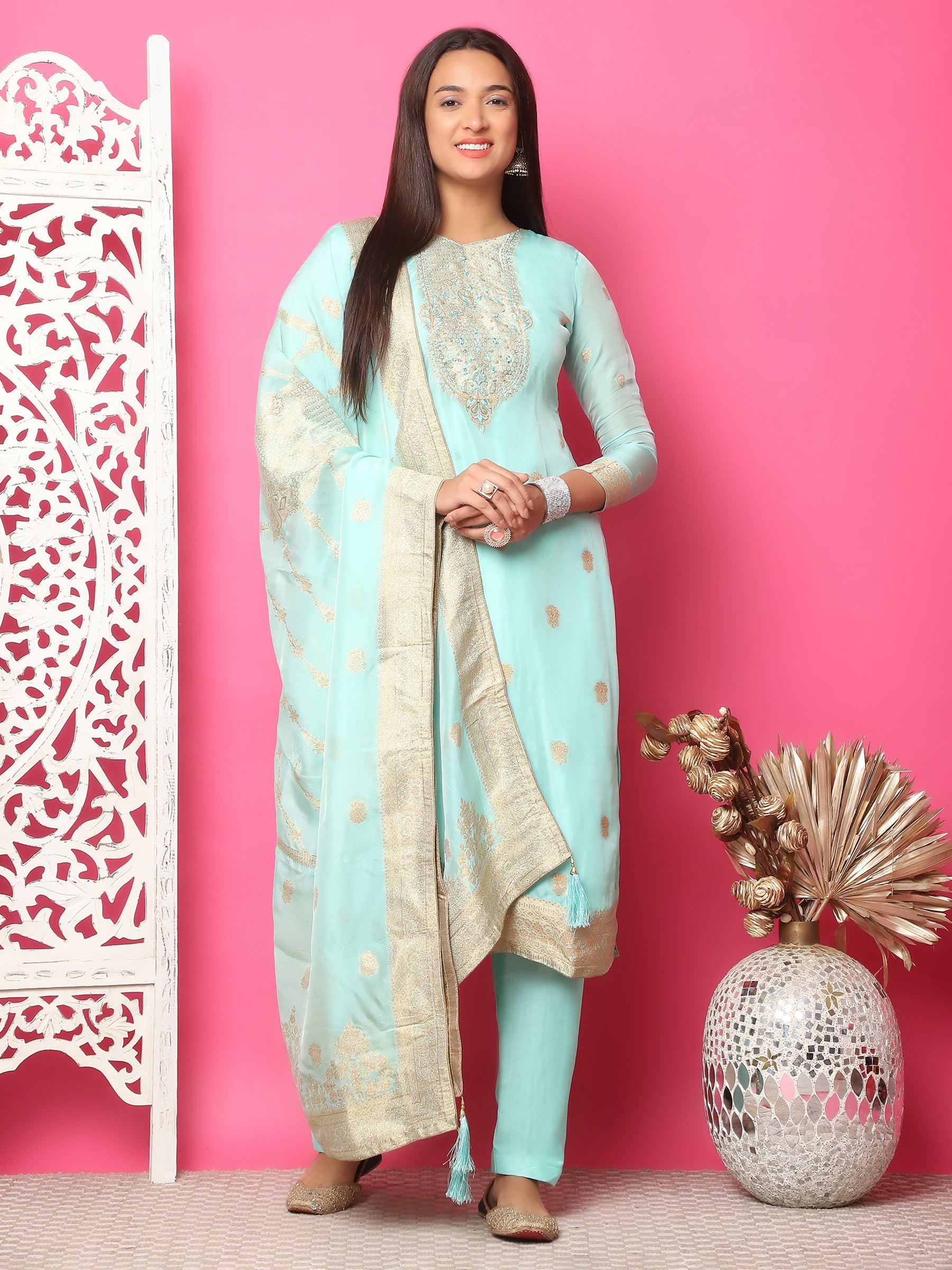 Turquoise silk jacquard salwar suit with mirror work and crystal embellishments