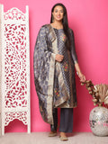 Grey silk jacquard straight salwar suit with zari and crystal work
