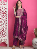 Wine silk jacquard straight salwar suit with zari work and crystals