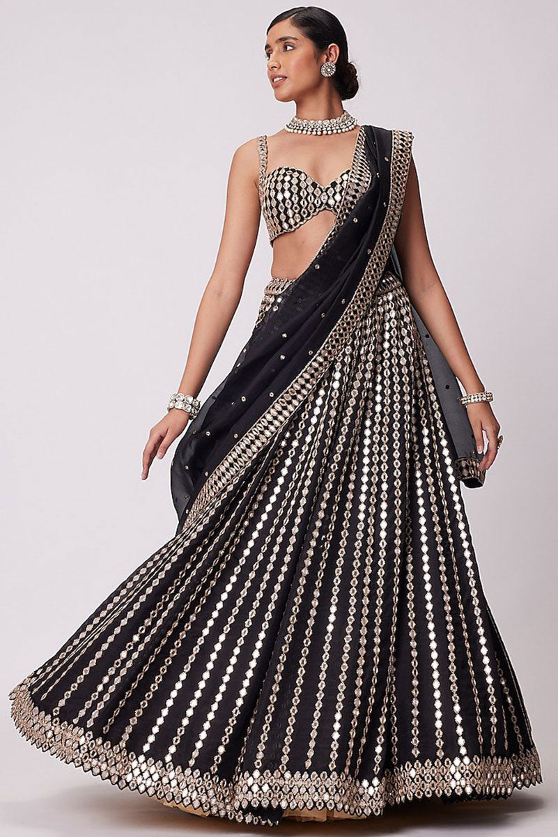 Black Organza Silk Paper Mirror & Zari Lehenga Choli
