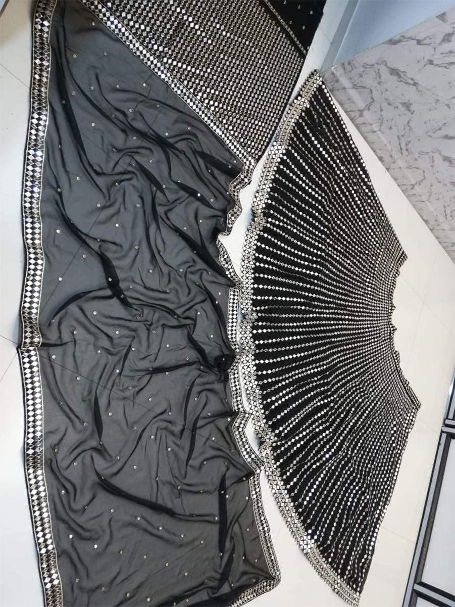 Black Organza Silk Paper Mirror & Zari Lehenga Choli
